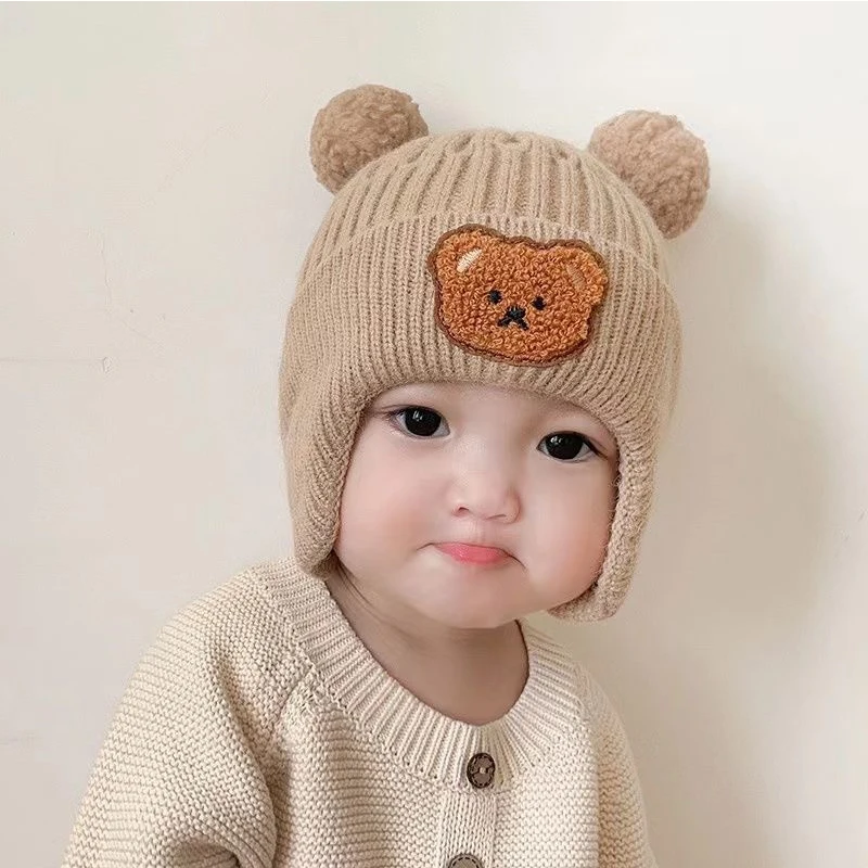 

Winter Thicken Baby Knitted Hats Kids Beanie Hat Cartoon Bear Warm Ear Protection Caps Earflaps Autumn Children Hat Baby Stuff