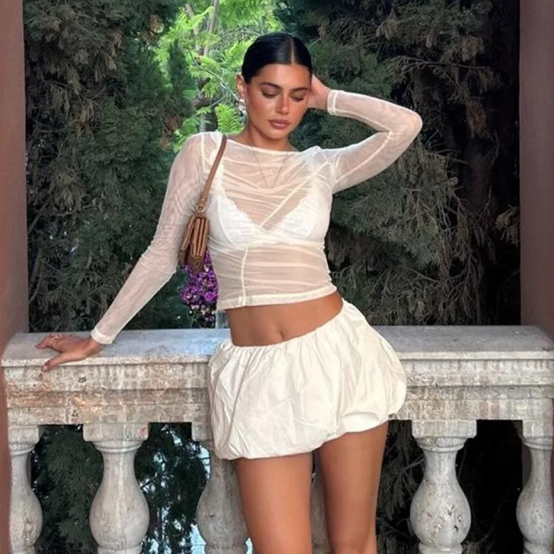 Summer See-Through Mesh T-shirt Top Women Pleated Patchwork See-Through Slim Cropped Top Tee Female Solid T-shirt Pullover