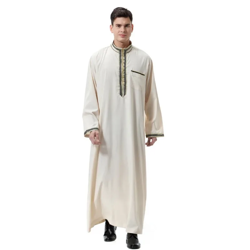 Muslim Men Jubba Thobe Mens Long Dress Islamic Applique Kimono Long Robe Saudi Musulman Wear Abaya Caftan Dubai Arab Dress 2024
