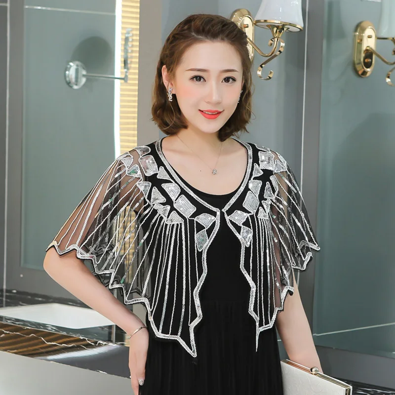 

2024 Summer Sweet Female Shawl Fashion Lace Beading Sequins Capelet O-Neck Woman Party Capes Mesh Loose Cover Up Dress Accessory