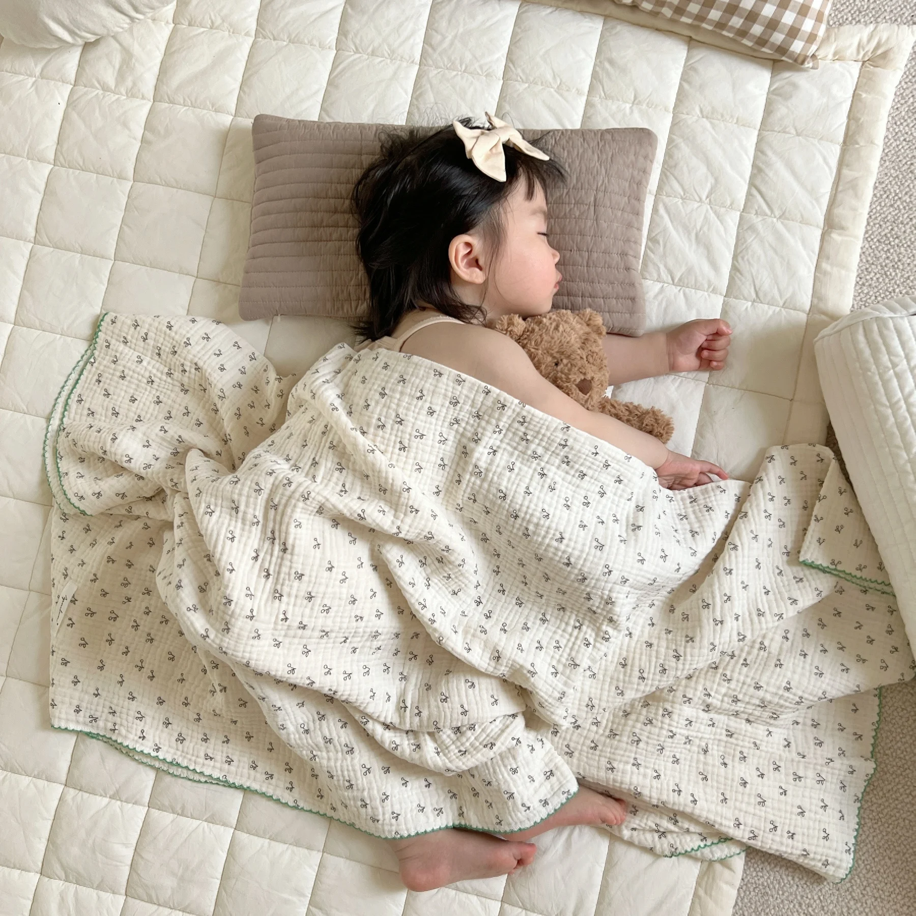 Baby Swaddle Blanket Bear Cherry Floral Print Cotton Muslin Blankets for Boys Girls Newborn Wrap for Baby Bath Towel 110x150cm 5