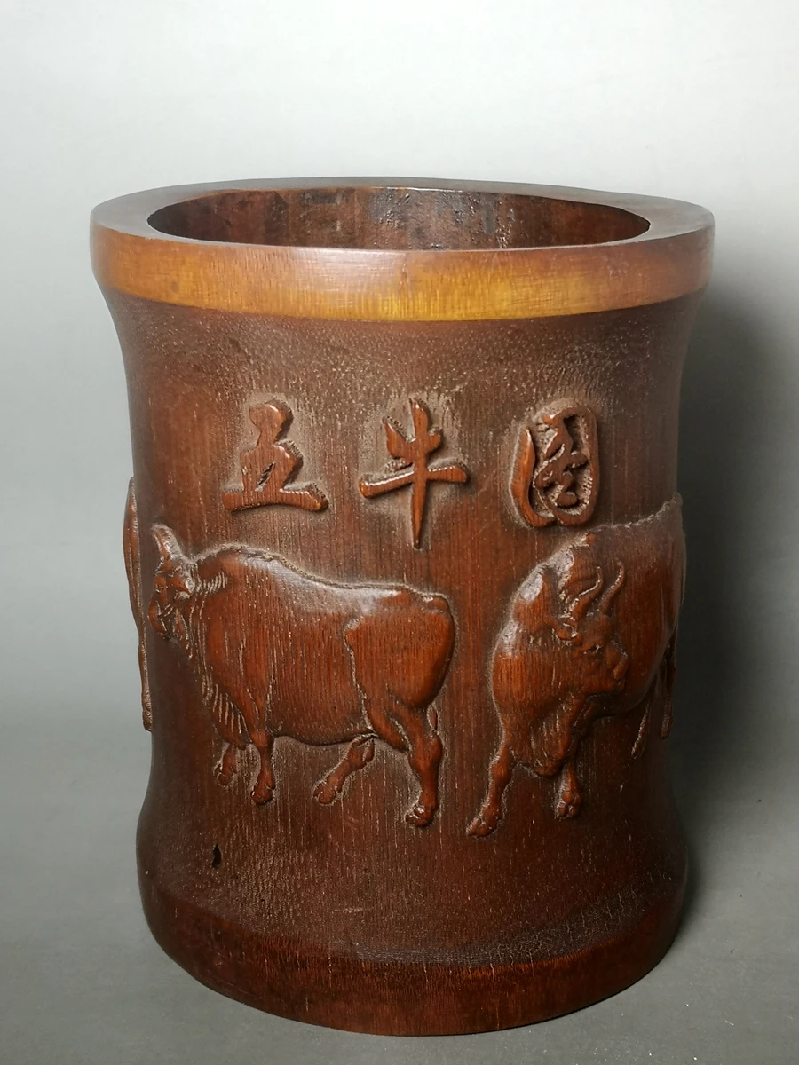 

1919 6,2 ”старое античное китайское искусство Бамбук ручная резьба пять быков ox QNDW щетка горшок настольное украшение коллекционный подарок