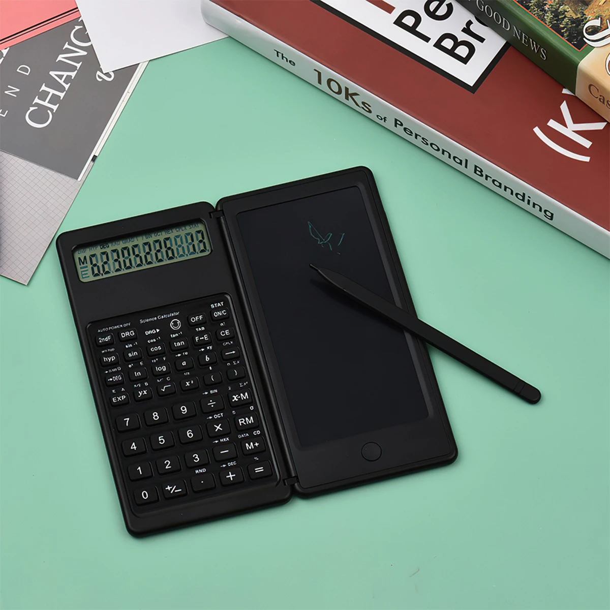 2 in 1 접이식 과학용 계산기 10자리 LCD 디스플레이, 6인치 필기 태블릿, 스타일러스 펜, 지우기 버튼, 잠금 기능 지원