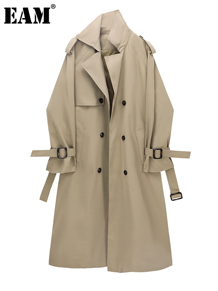 

[EAM] Women Khaki Big Size Long Trench New Lapel Long Sleeve Loose Fit Windbreaker Fashion Tide Spring Autumn 2024 1DF2124