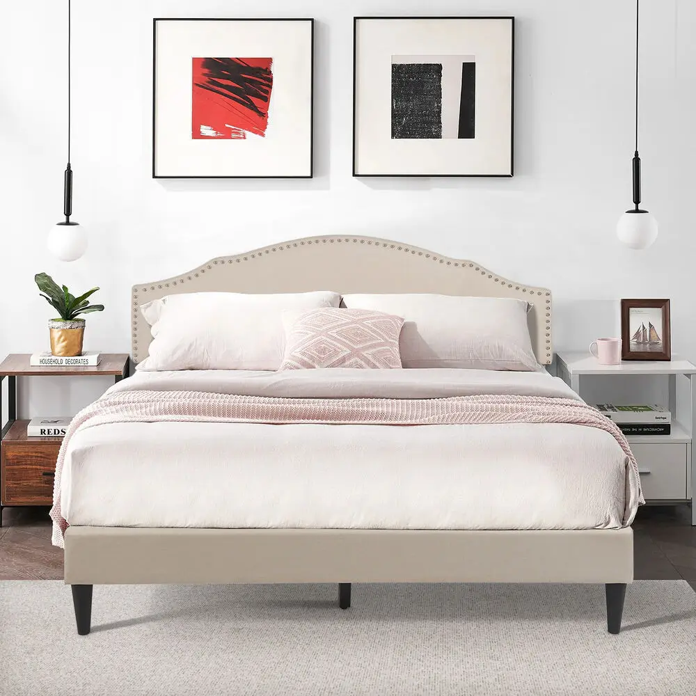 

Upholstered Platform Heavy Duty Bed Frame with Fabric Headboard and Wooden Slats Support,No Box Spring Needed,Full/Queen/Twin