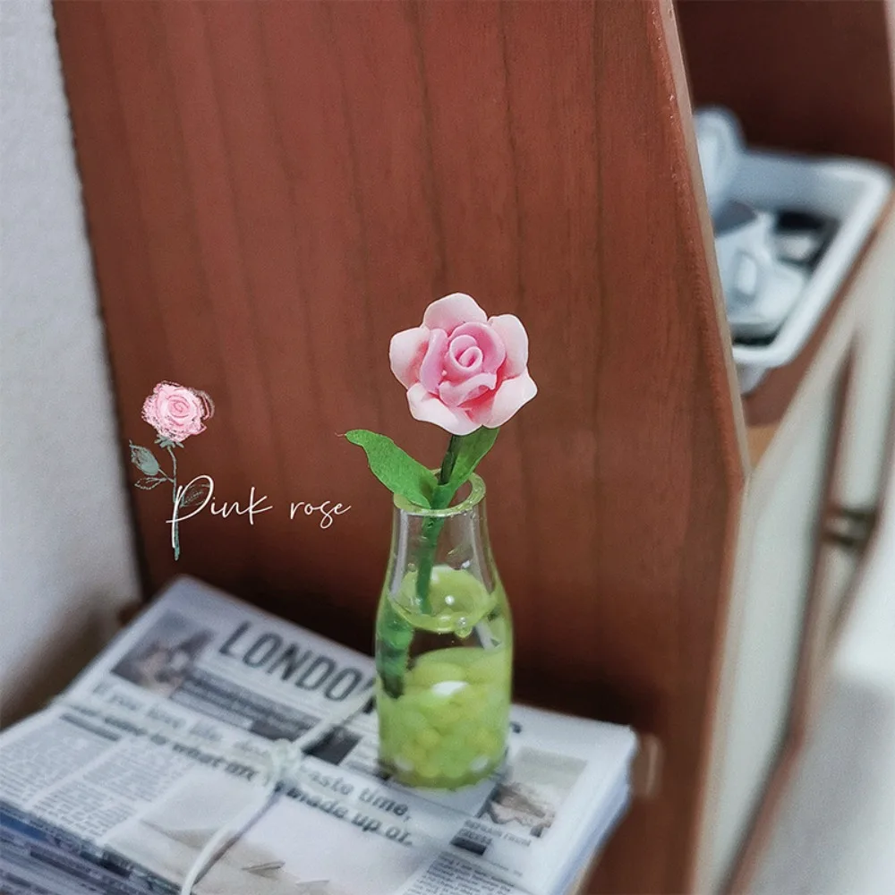Miniature Dollhouse Miniature Rose Model Flower Vase Mini Floral 1:12 Scale Dollhouse Flower Rose Creative