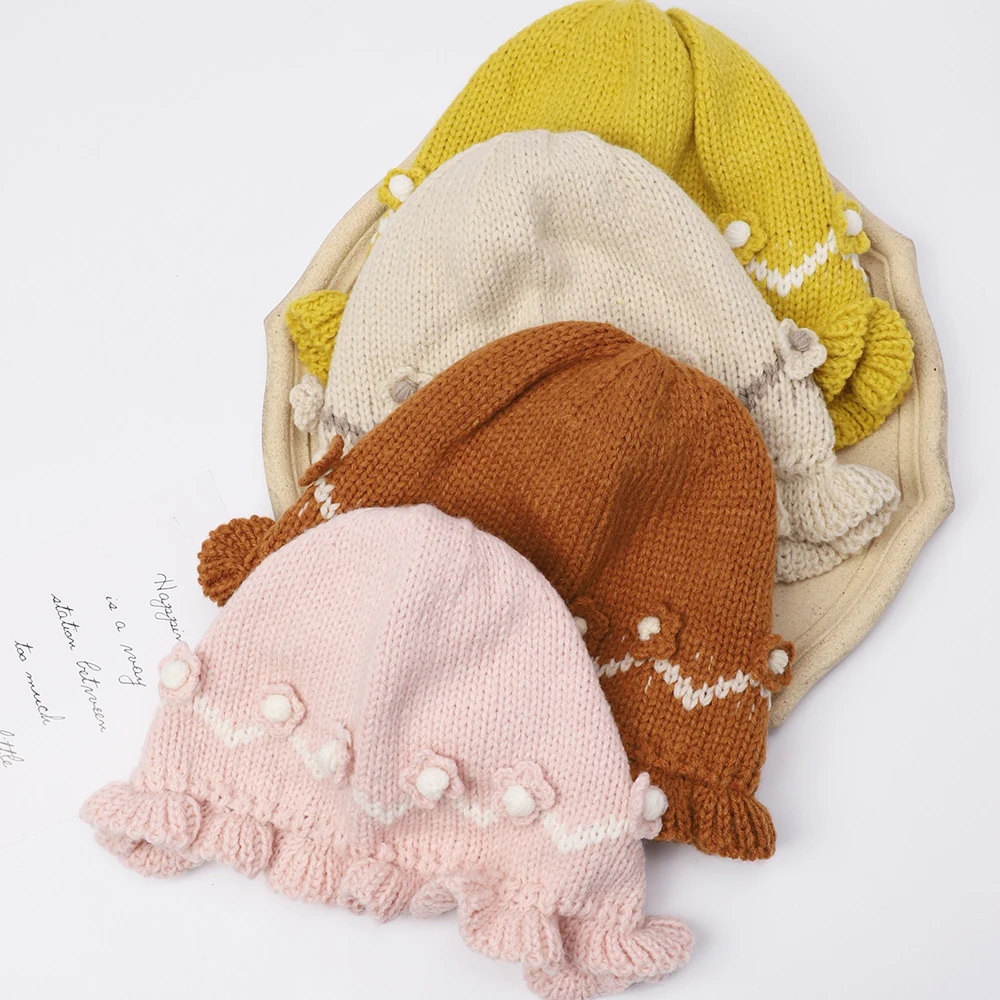 

Baby Solid Color Winter Knit Hat Cotton Lining for More Warmth and Comfort Small Floral Adjustable Size Baby Accessories