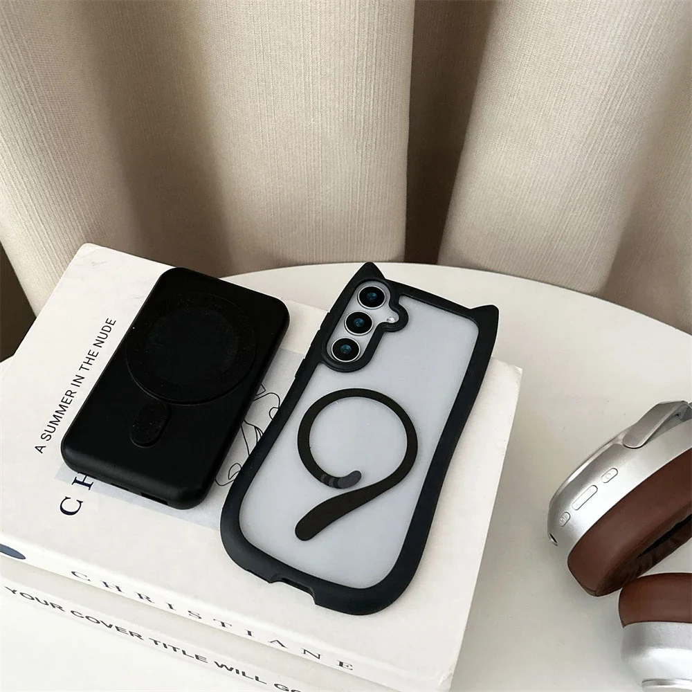 Chic Magnetic Cat Ear Transparent Phone Case with Wireless Charging Compatibility