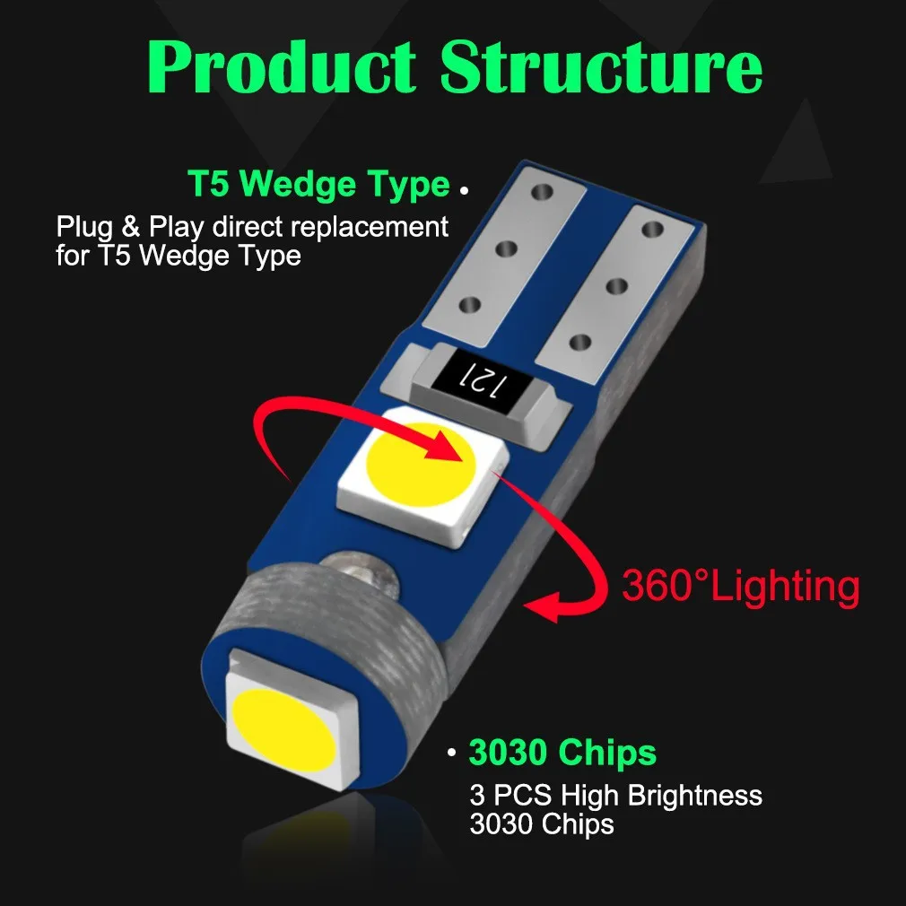 10 Stuks T5 Led Lamp W 3W W1.2 W Led Canbus Auto Interieur Verlichting Dashboard Opwarming Indicator Wig Auto Instrument Lamp 12V