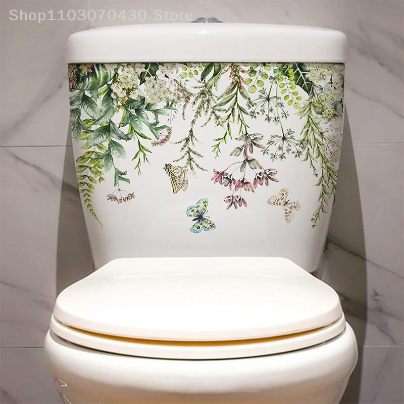 Green Plant Flower Butterfly Wall Sticker Bagno Toilet Sticker Wc Autoadesivo Murale Abbellire La Decorazione Della Casa Decalcomanie
