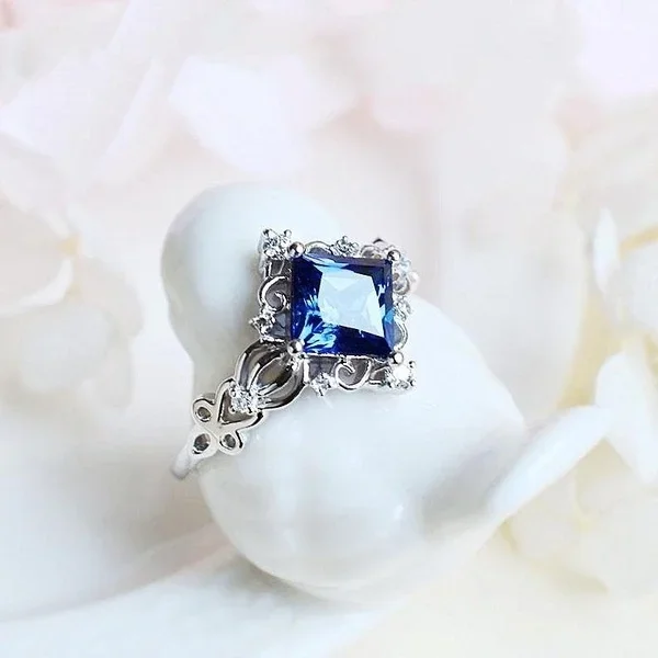 

Fashion Princess Cut Blue Stone Ring Silver Color Cubic Zirconia Engagement Rings Bridal Fine Jewelry
