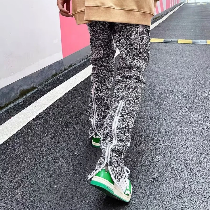 OIMG Y2K Streetwear Snake Graphic Baggy Zipper Ripped Jeans Pants For Men Clothing Straight Cotton Long Trousers Pantalon Homme