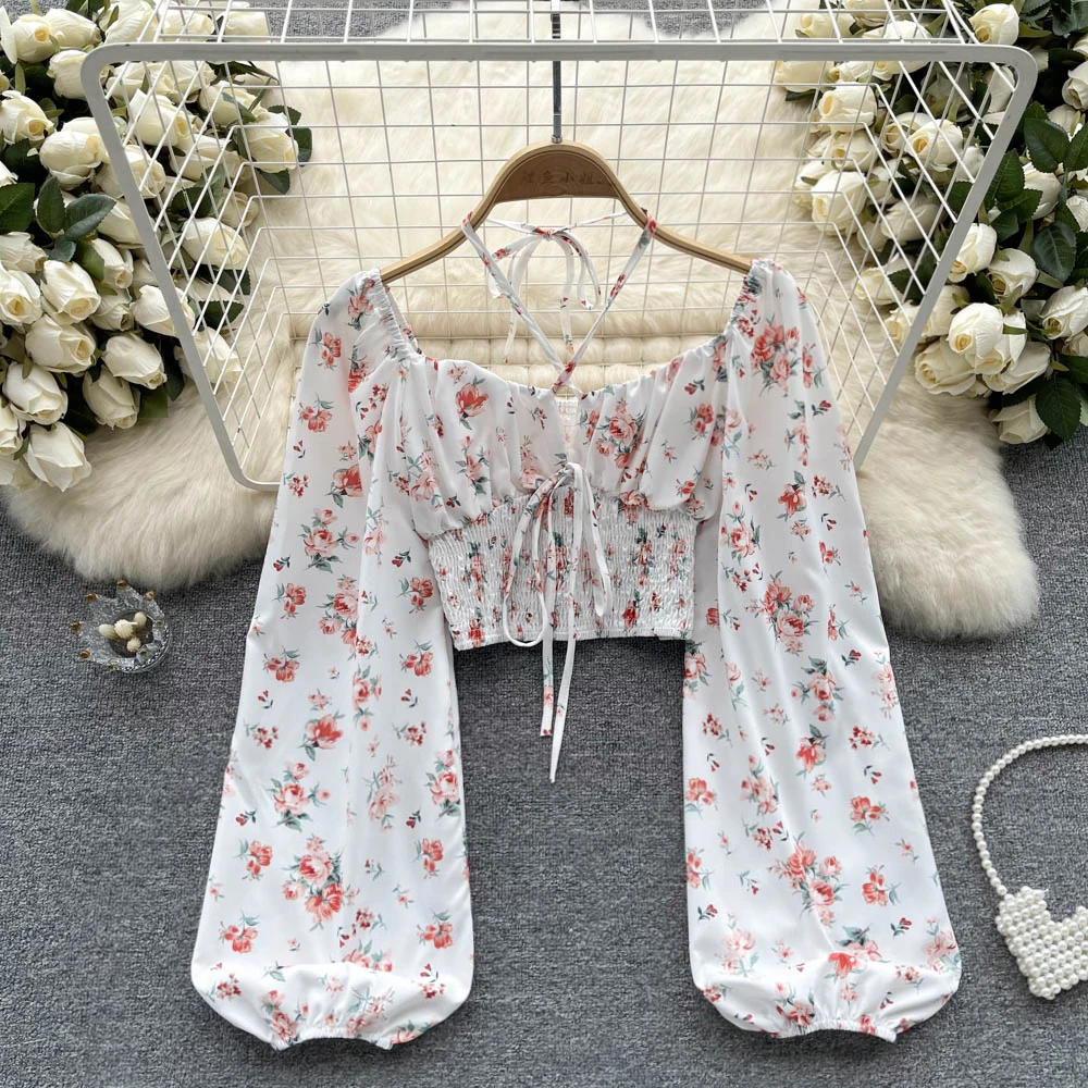 

Summer French Style Print Short Blouse 2023 Long Sleeves Elastic Beach Tops Women Fashion Backless Ruched Floral Blouses