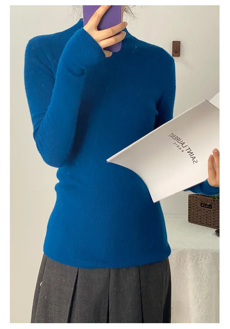 100% Ultra-fine Merino Wool Sweater Autumn and Winter Loose and Simple Semi-turtleneck Wool Bottoming Shirt Multi-color Sweater 4