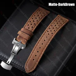 Universal Genuine Cowhide Leather Watch Band with Butterfly Buckle - Vintage - Style Breathable Strap - 18mm (Matte - Brown)