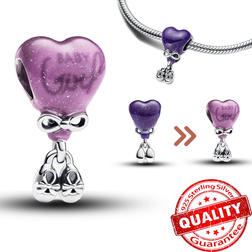 

Colorful 925 Sterling Silver Girl Gender Reveal Colour-changing Heart Purple Air Balloon Charm Fit Pandora Bracelet DIY Pendant