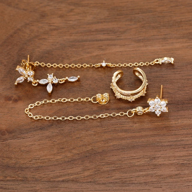 Ensemble de 3 paires de boucles d'oreilles de luxe pour femmes, motif fleur, papillon, chaîne à pampilles, en zircon, avec clips d'oreille sans perçage, bijoux de style urbain