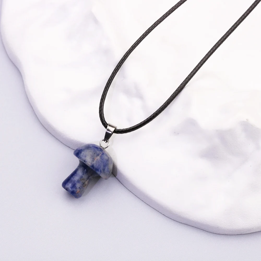 12pcs Natural Gem Stone Rose Quartz Crystal Amethyst Tiger Eye Fluorite Carved 2cm Mushroom Pendant Necklace For Women Jewelry