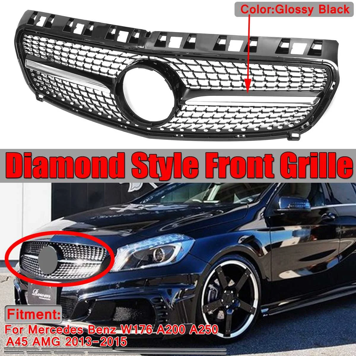 

W176 Diamond Style Grille Car Front Bumper Grille Grill For Mercedes For Benz W176 A Class 2013-2015 A200 A250 A45 For AMG Model