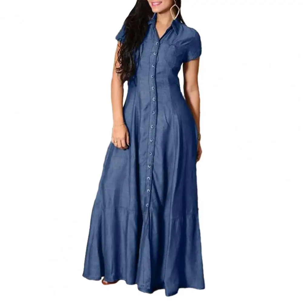 

Women Denim Dress Elegant Denim Dress with Ruffle Hem Patch Pockets for Women A-line Silhouette High Waist Design for Everyday