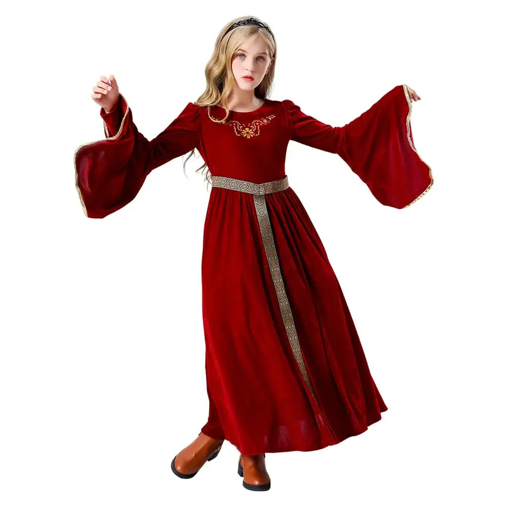 Kids Girls Retro Medieval Palace Princess Cosplay Costume Blue Red Dress for Chirldren Clothes Outfits Halloween Carnival Suit