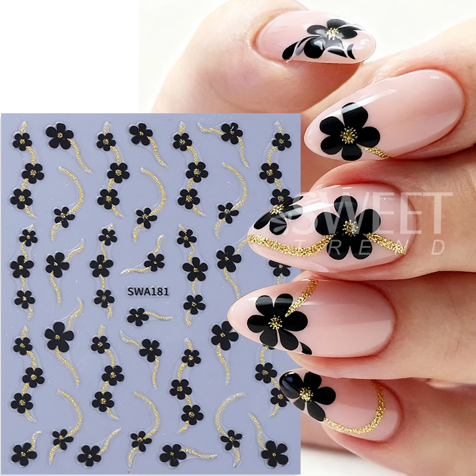 2pcs Black White Flower Nail Stickers Gold Silver Line Petals Florals Simple Adhesive Nail Decals DIY Manicure Decoration Slider