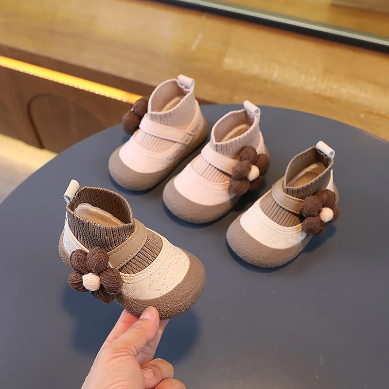 

2023Baby Girls Snow Boots Autumn Winter Children Knitted Shoes Waterproof Windproof Non-slip Outdoor Warm Plush Kids Ankle Boots