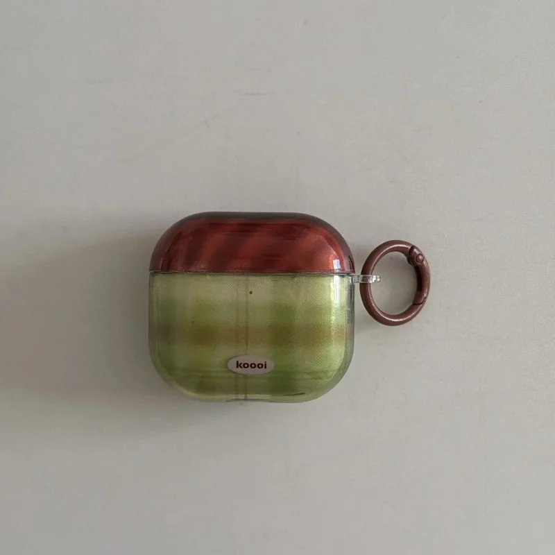 Green-Brown Plaid Pattern Anti-Fall Earphone Case with Ring Attachment