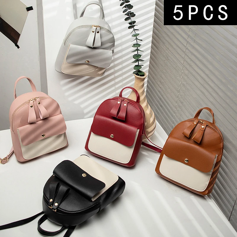 

5PCS New Small Backpack Women Can Be A Single Shoulder Diagonal Multi-functional Simple Color Patchwork Fashion Bag Wholesale