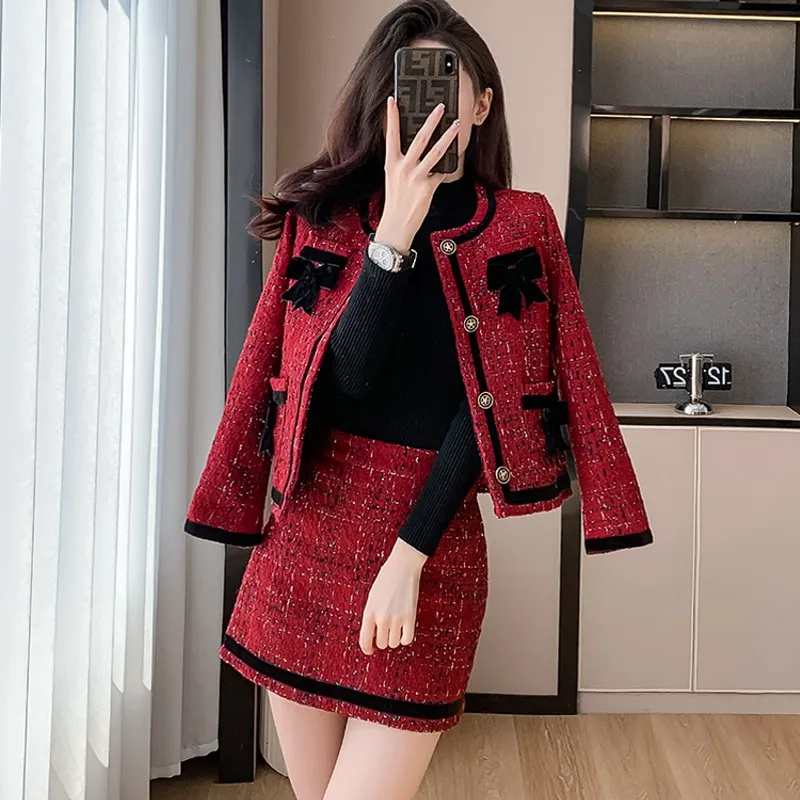 

2023 Autumn and Winter New Style Small Fragrance Red Woolen Tweed Two Piece Set Celebrity Temperament Coat And Skirt