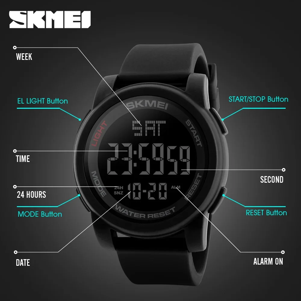 SKMEI 1257 reloj hombre Sport Watch Men Alarm Clock 5Bar Waterproof Watches Multifunction Digital Watch 5