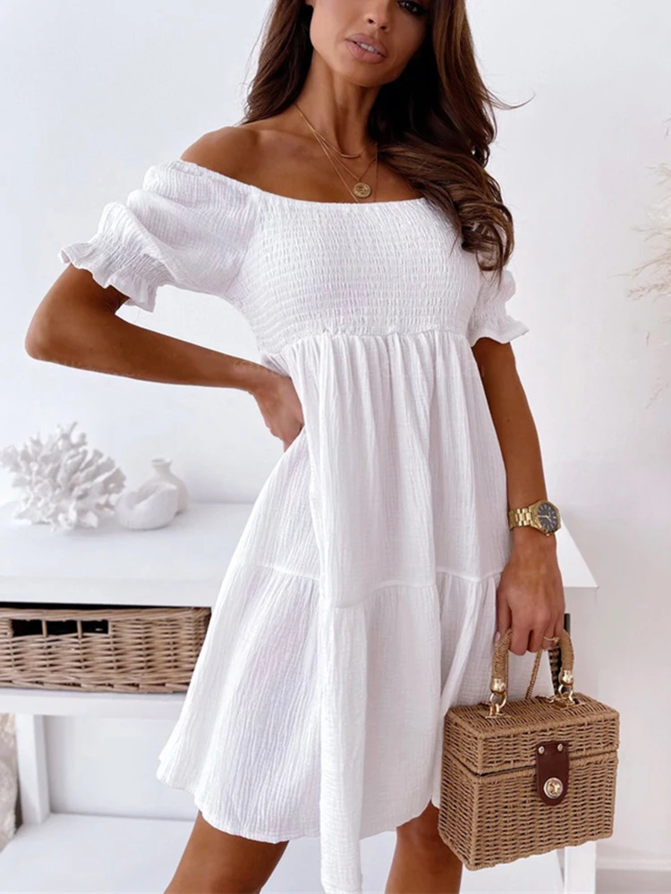 

2022 Women Summer Sexy Dress Frill Trim Off Shoulder Short Sleeve Elastic Empire Sundress Slash Neck Solid Mini Seeing Through