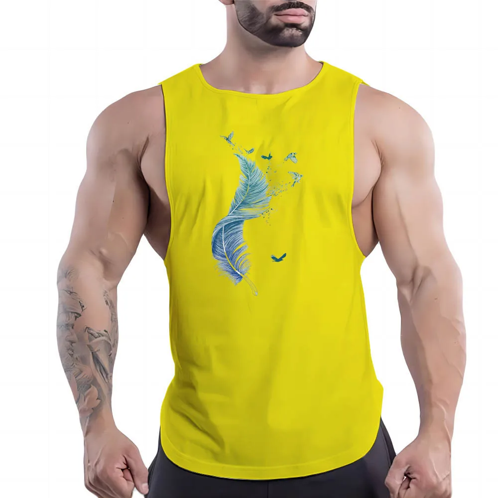 

Summer New Men'S Feather Print Fashion O Collar Comfortable Breathable Quick Drying Top Sports Basketball Sleeveless Vest