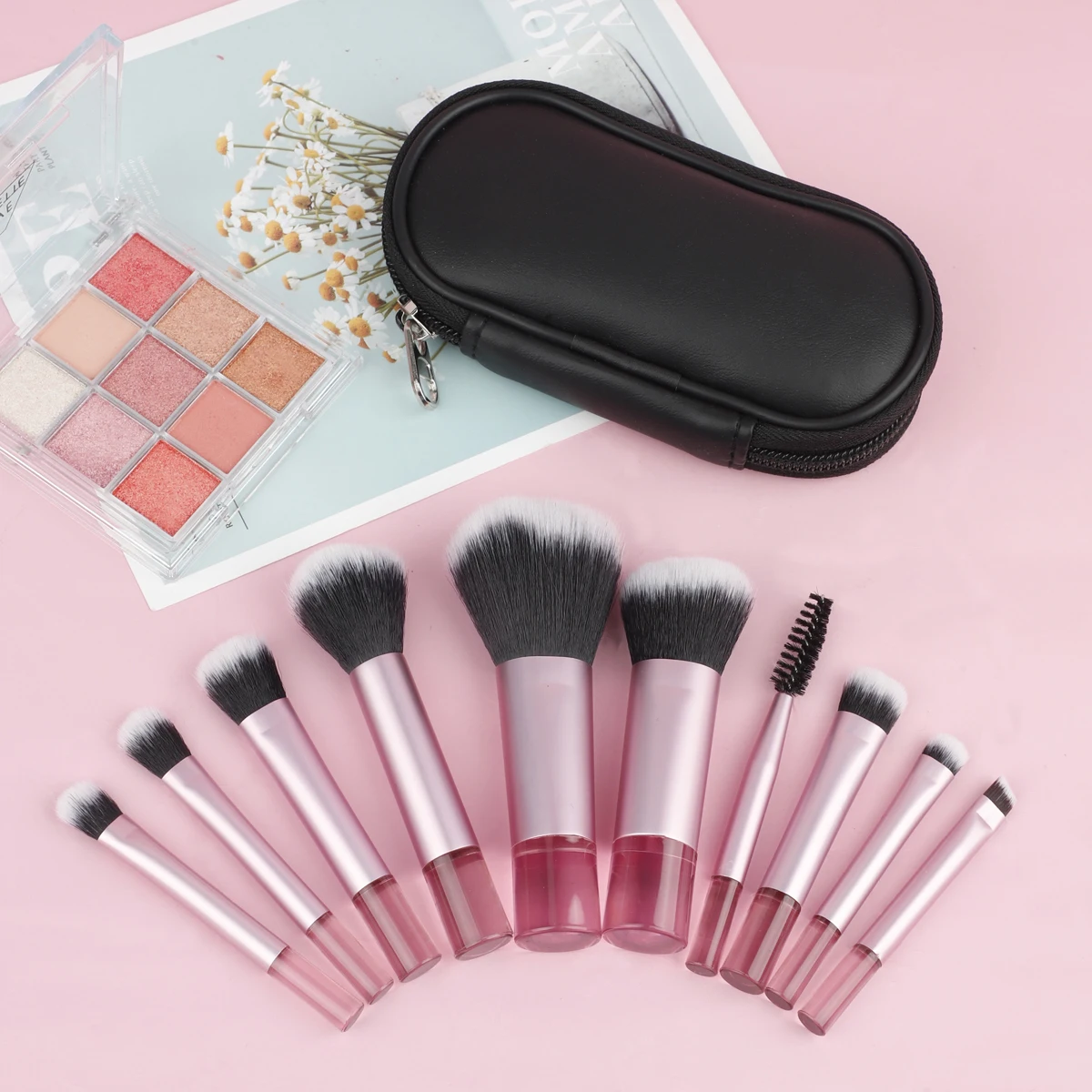 Compact 10-Piece Makeup Brush Set for Face and Eyes - Powder, Foundation, Blush, Concealer Blender Tools