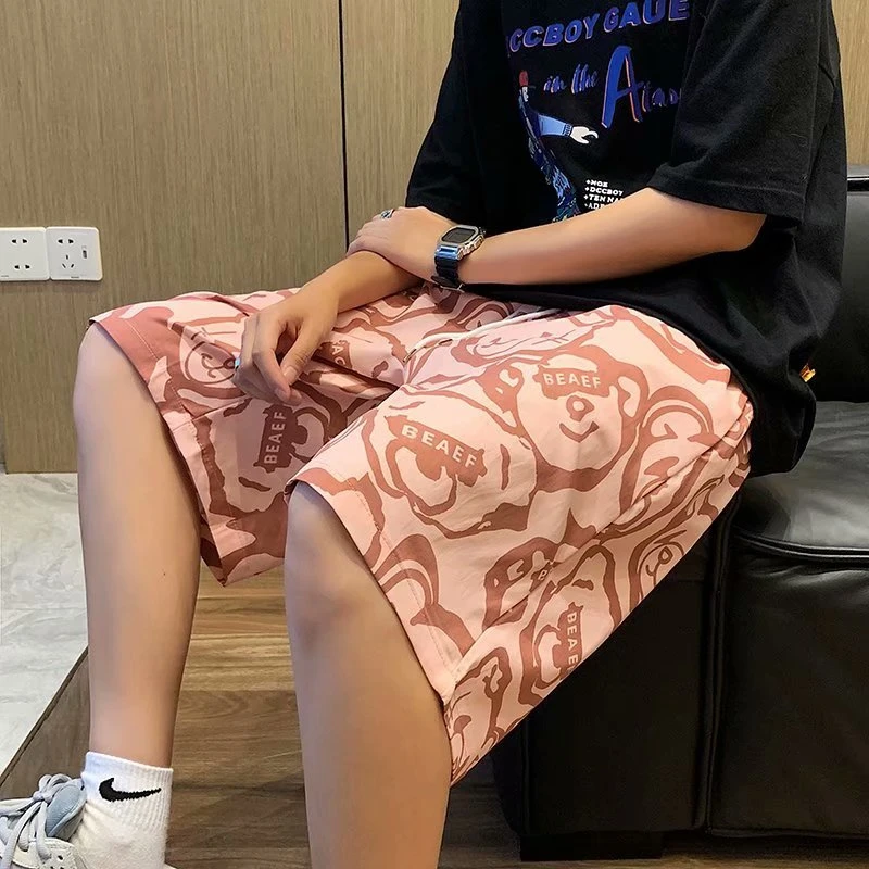 B-boy Trends Bear Print Shorts Male Loose Knee Length Shorts Hip Hop Fitness Pants Summer Outdoor Sport Street Punk Short Pants