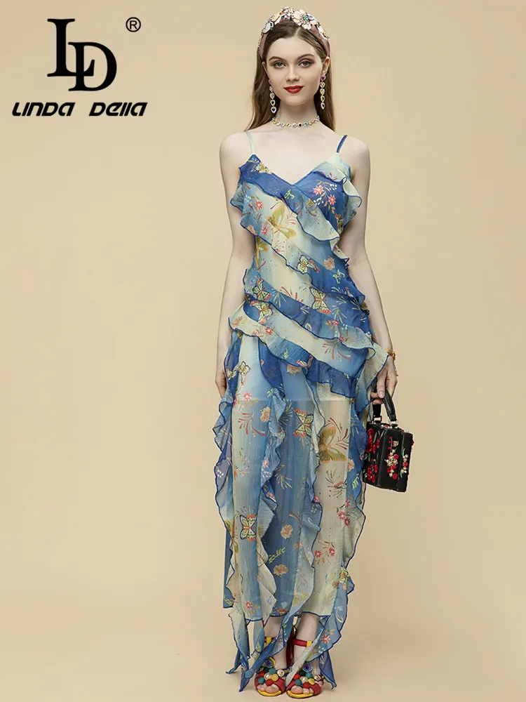 

LD LINDA DELLA New 2023 Women Casual Bohemian Beach Sundress Summer Elegant V-neck Ruffles Long Vacation Spaghetti Strap Dress