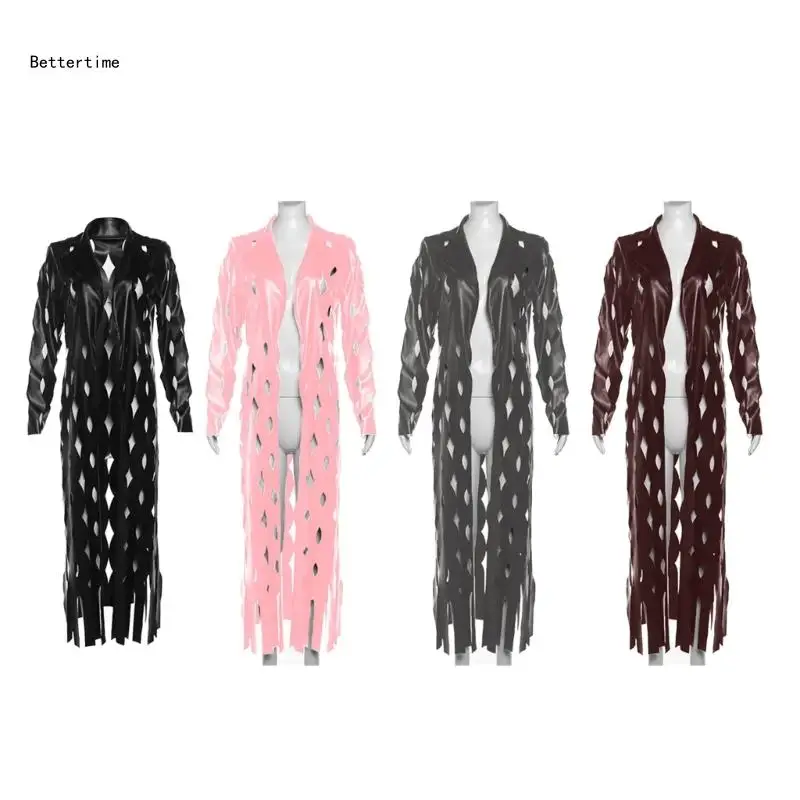 

B36D Womens Faux Leathers Cardigan Turn Down Collar Full Sleeve Open Stitching Hollow Out Tassels