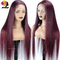 Perruque Lace Frontal Wig naturelle Remy, cheveux lisses péruviens, 13x6, bordeaux foncé 99J, pre-plucked, 180% 5