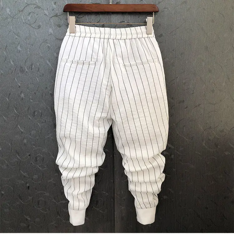Men Trousers Summer Korean Fashion Casual High Waisted Pocket Stripe Elastic Slim Fitting Leggings Cropped Pants