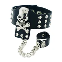 Gothic Skeleton Skull Chain Link Rock Rivet Cuff Black Leather Punk Bangle Bracelet S054