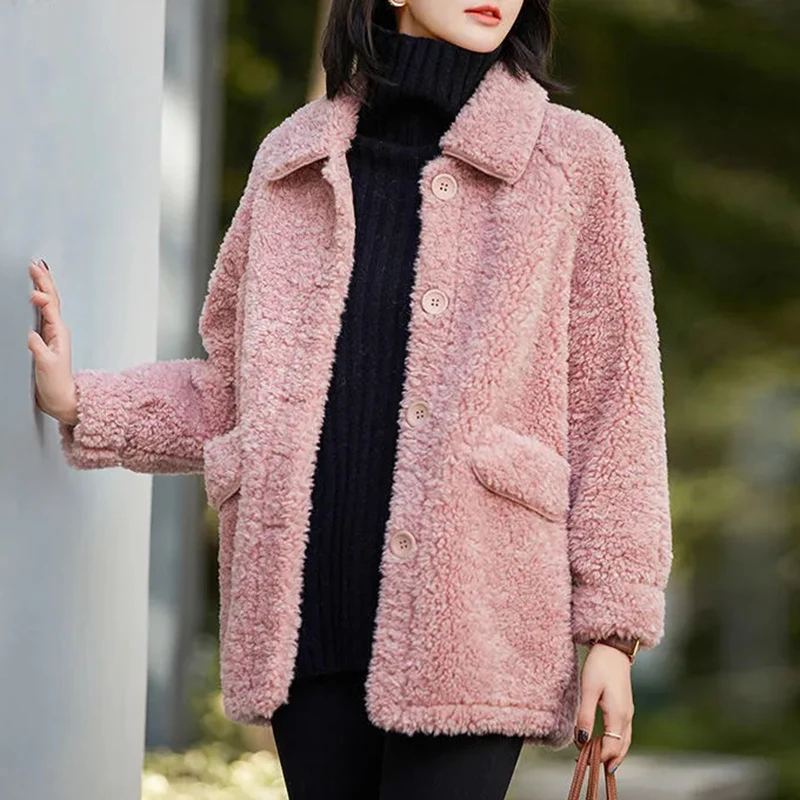 

Elegant Turn Down Collar Lamb Wool Coat Women 2021 Winter Long Sleeved Faux Fur Coats Woman Solid Button Warm Overcoat