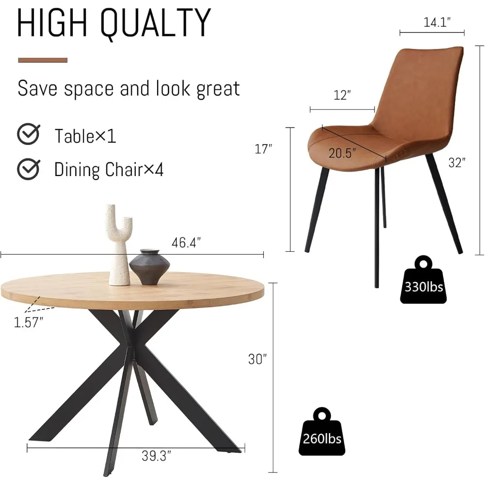 46.4" Round Table Set, Mid-Century Modern Round Dining Table for 4-6 People (1 Table with 4 Brown Chairs) 2