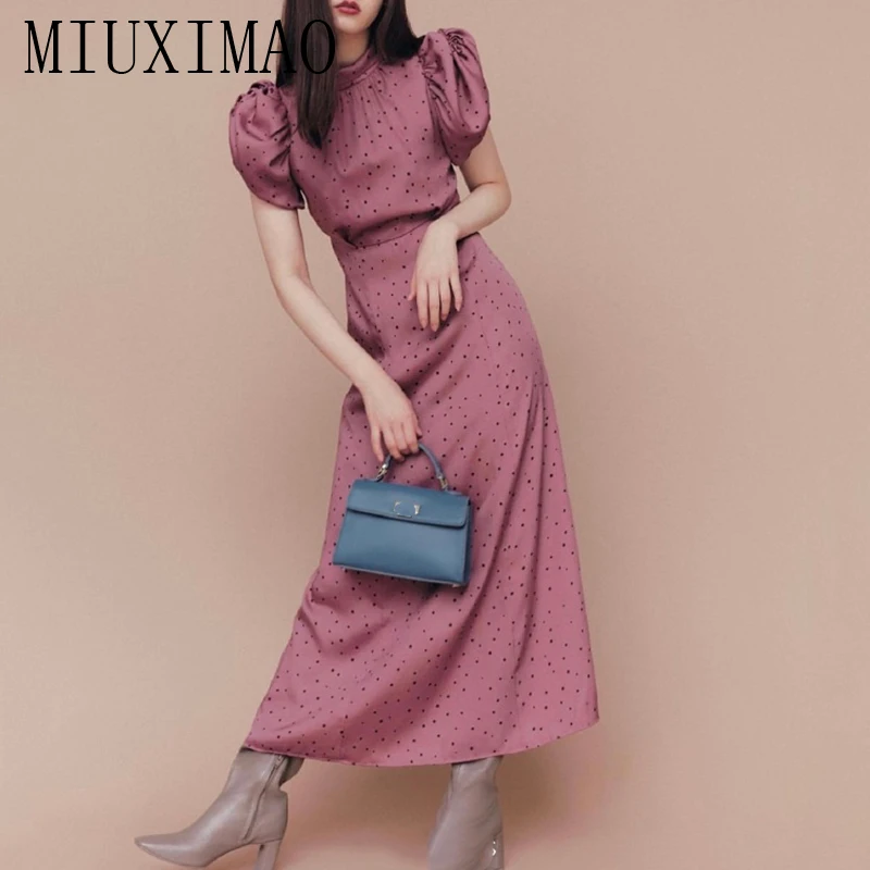 

MIUXIMAO 2023 высокое качество дизайнерское платье с датой элегантное платье с пышными рукавами чокер в горошек Модное Длинное платье для женщин Vestide