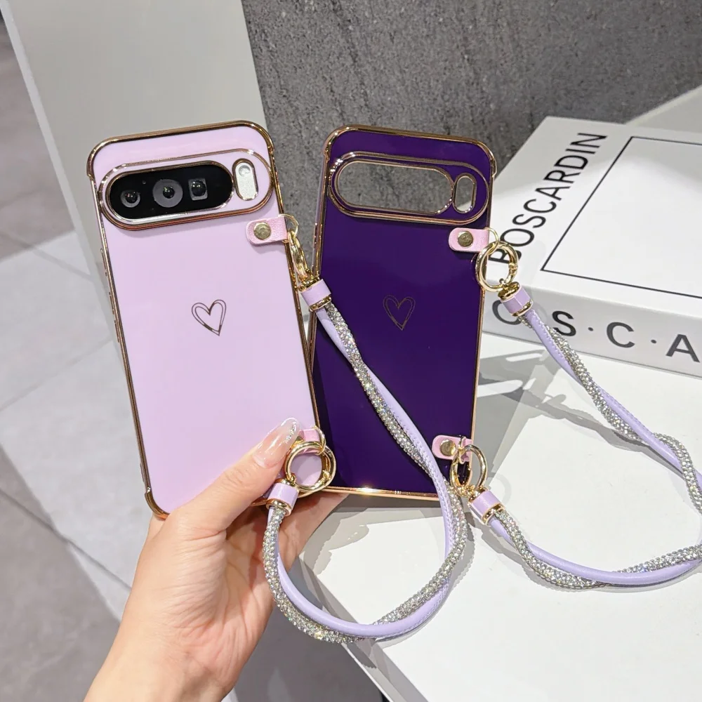 Enhanced Plating Hollow Love Phone Case with Lanyard and Wrist Strap - Shockproof Protection