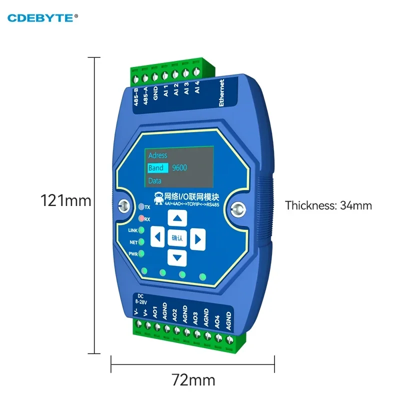 EBYTE ME31-XAXA0404 DC 8-28V Modbus TCP/RTU I/O 네트워킹 모듈 4AI + 4AO 0-20mA/4-20mA RJ45 RS485 Modbus 게이트웨이 OLED 디스플레이