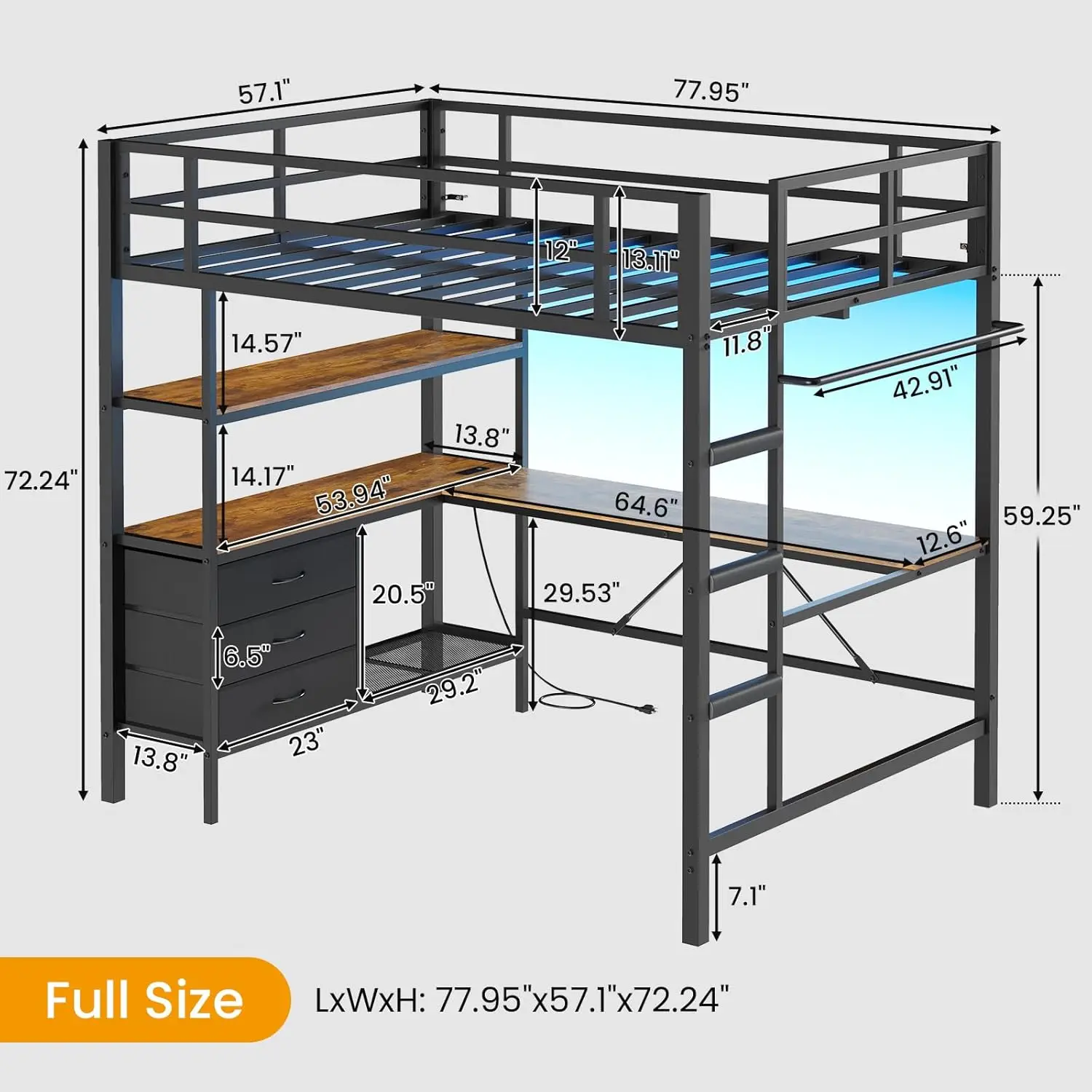 Loft Bed Full Size with L-Shaped Desk &Charging Station Full Metal Bed Frame with LED Lights,Open Shelves and 3 Fabric Storage