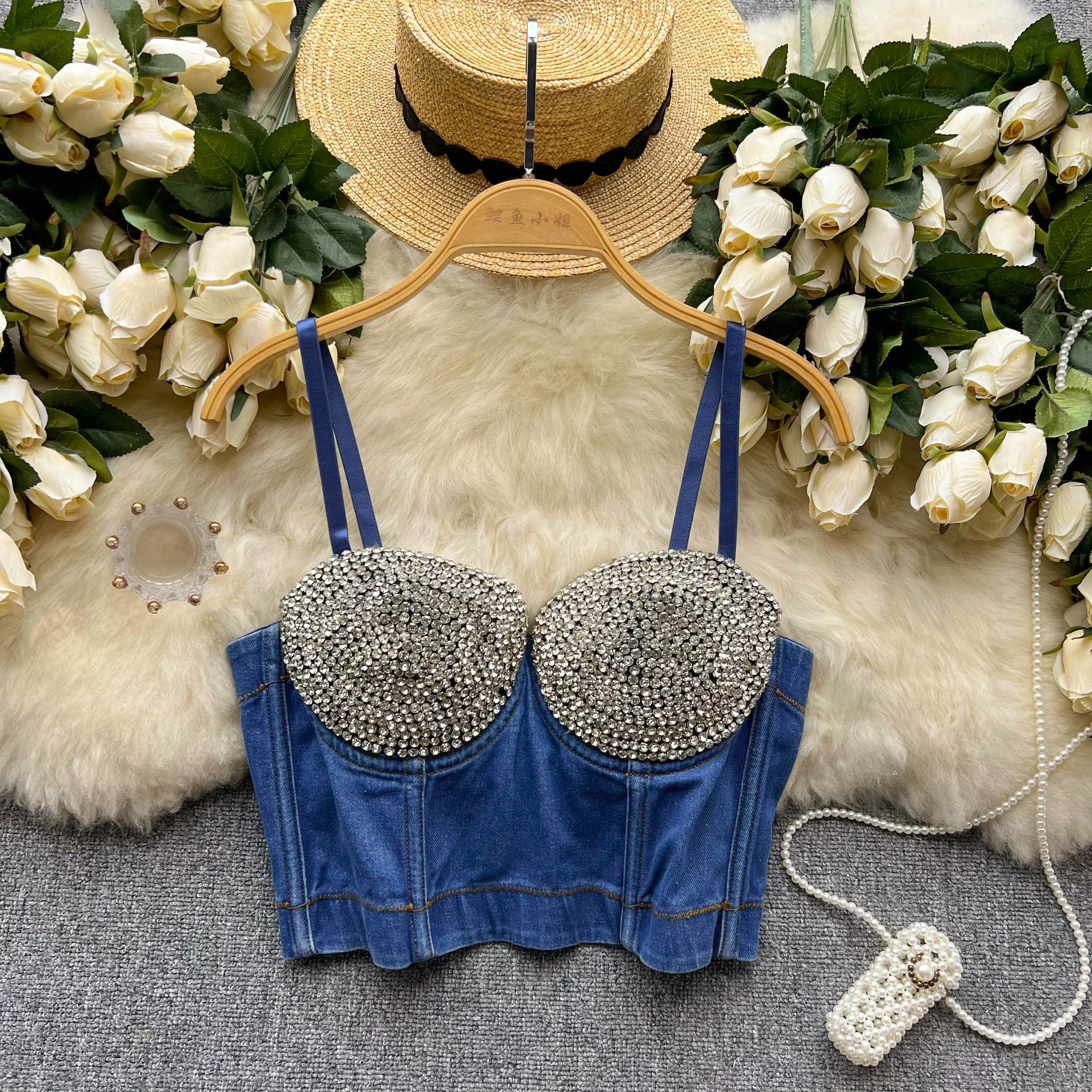

Sexy Outerwear Suspender Denim Top Short Heavy Work Diamond Bra Sleeveless Vest Trend