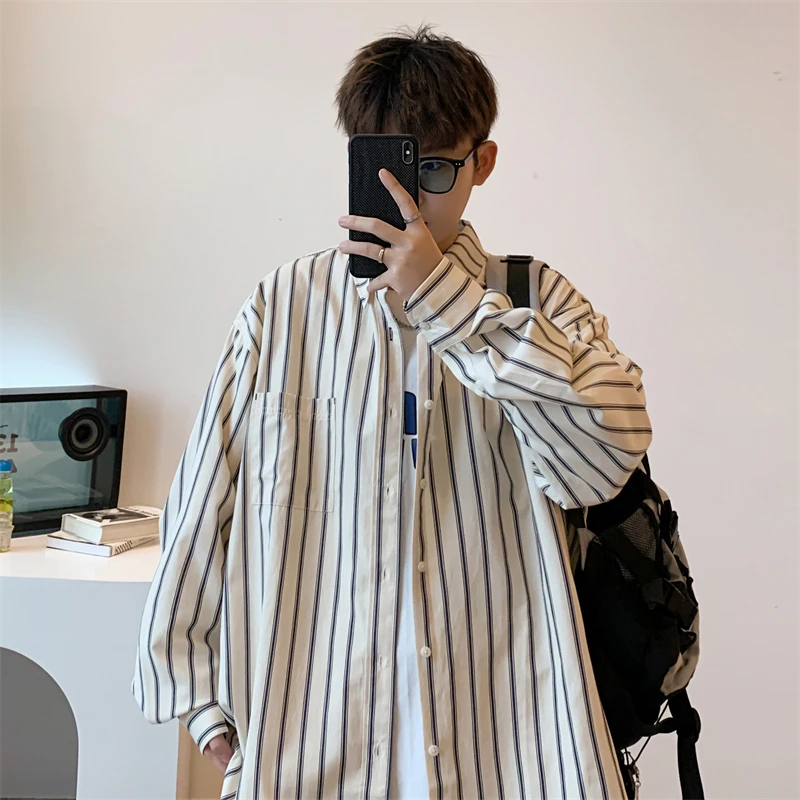 

Vintage Korean Men's Shirts Collar Rejection Striped Buttons Long Sleeve Premium Male Luxury Wear Casual Fall 2024 Tops E196