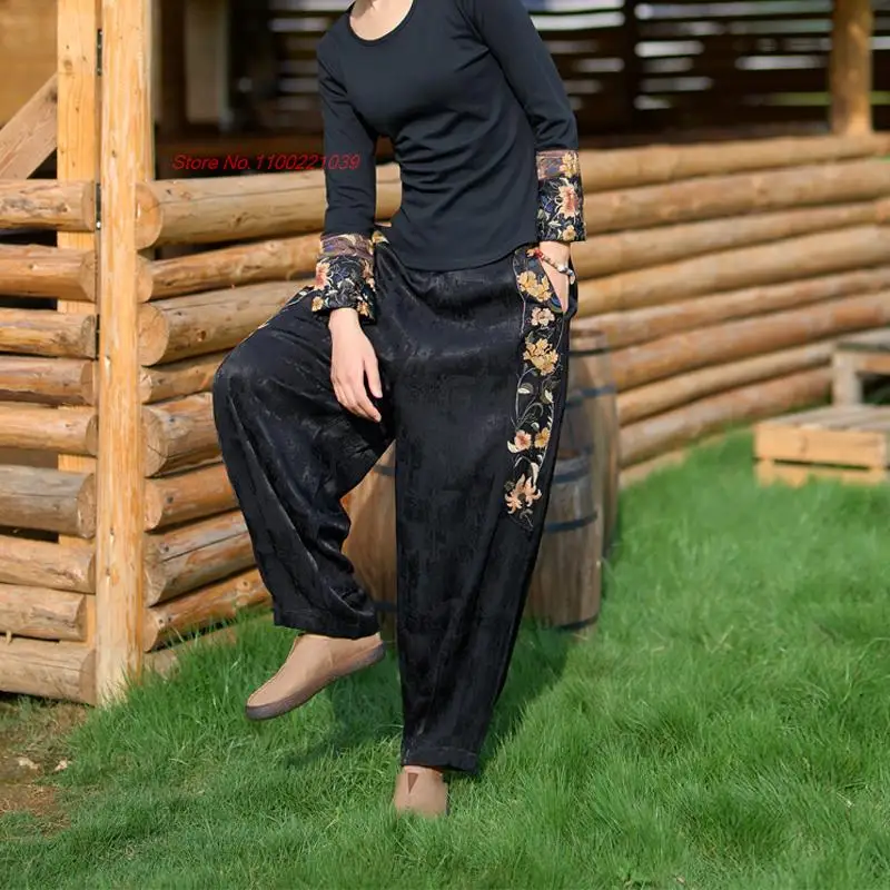 chinese vintage satin jacquard trousers national flower embroidery harajuku ethnic pants casual elastic waist harem pants