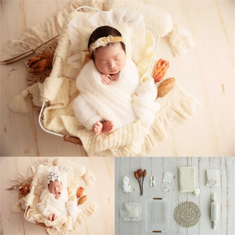 Newborn Baby Photography Props Vintage Iron Posing Basket Artificial Flowers Hat Wrap Blanket Mat Backdrop Photo Shooting Props newborn baby photography props vintage floral theme backdrop wrap artificial flowers headband posing iron trolley photo props